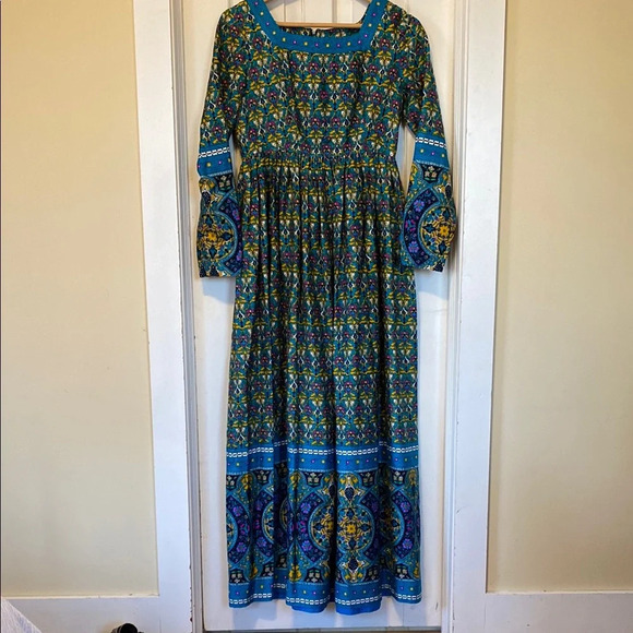 Handmade Long Sleeved Floral Geometric Bohemian Maxi Dress Vibrant Hippie - Picture 3 of 13